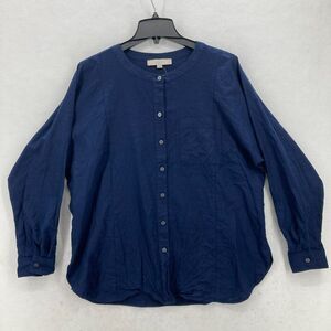 LOFT Navy Blue Button‎ Front Blouse Medium Linen Blend Long Sleeve Minimalist